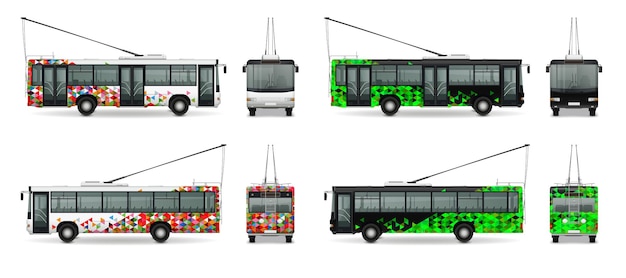 L'insieme realistico del filobus con i simboli del trasporto della città ha isolato l'illustrazione di vettore