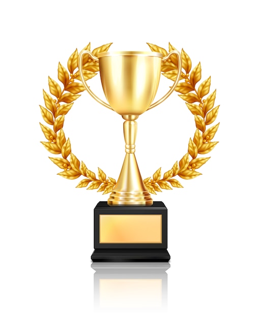 Trophy award laurel wreath composition with realistic image of golden cup decorated with garland with reflection