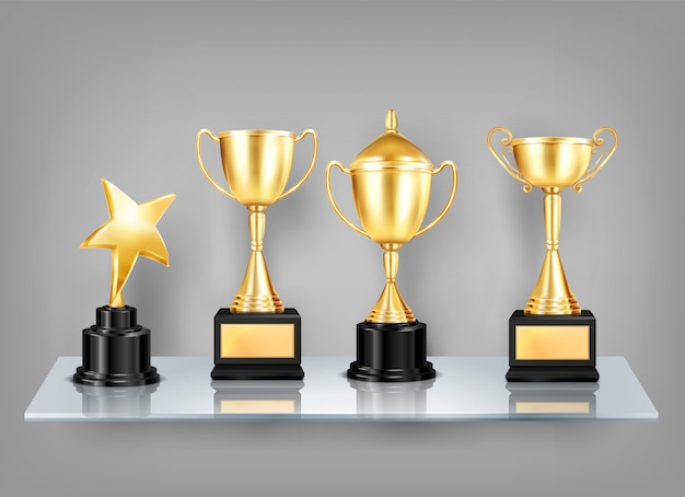 Trophy awards realistic images on shelf composition of golden cups with black pedestals on glass shelf