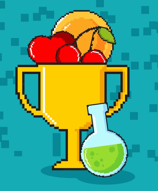 Vettore gratuito trofeo e frutti con moneta pixelata