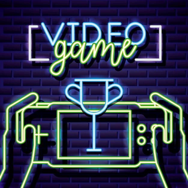 Vettore gratuito trofeo e mani che giocano al videogioco, in stile neon