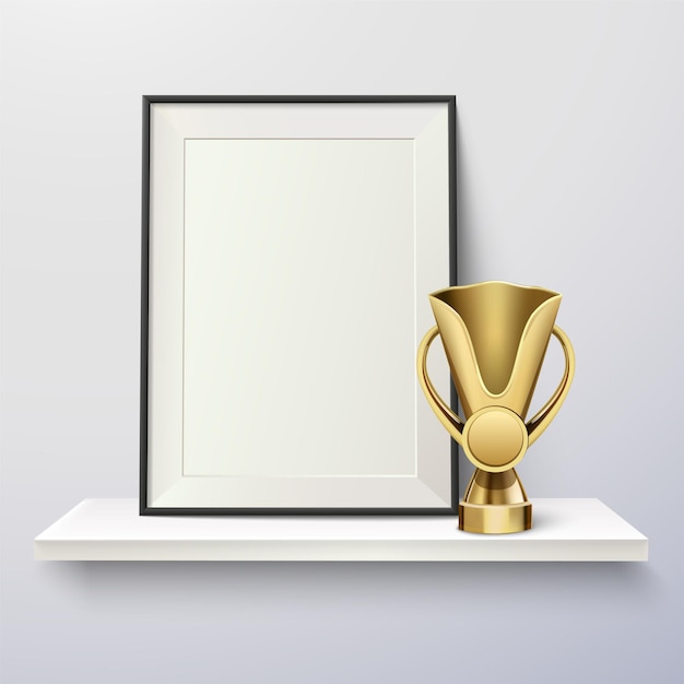 Trophy and photo frame on a shelf