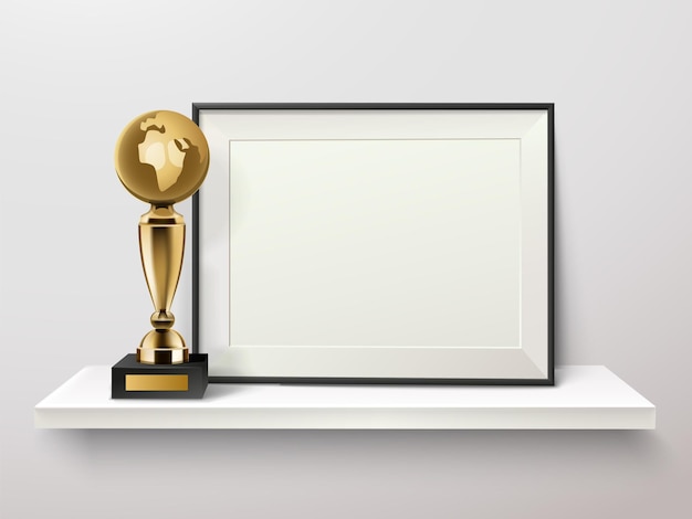 Trophy and photo frame on a shelf