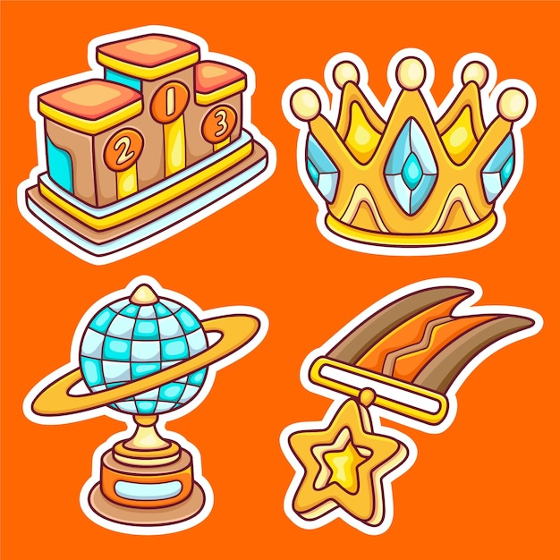 Trophy and Winning Cup Sticker Icons Hand Drawn Coloring Vector