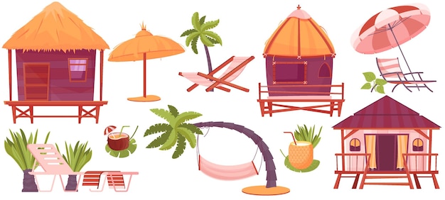 Free vector tropic rest flat icons set of bungalow and equipment for beach vacation isolated vector illustration