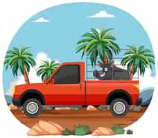 Vettore gratuito avventura tropicale con gli animali domestici in un furgone