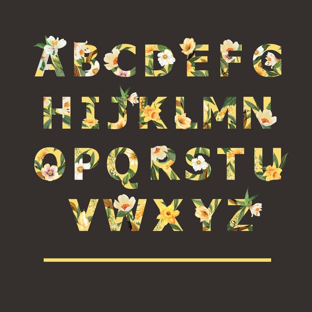 Tropical Alphabet Serif font yellow typographic summer with plants foliage