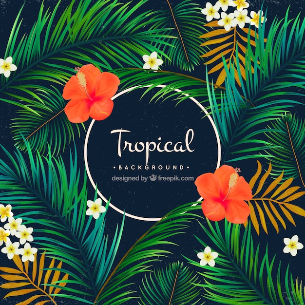 Tropical background of palm trees and flowers