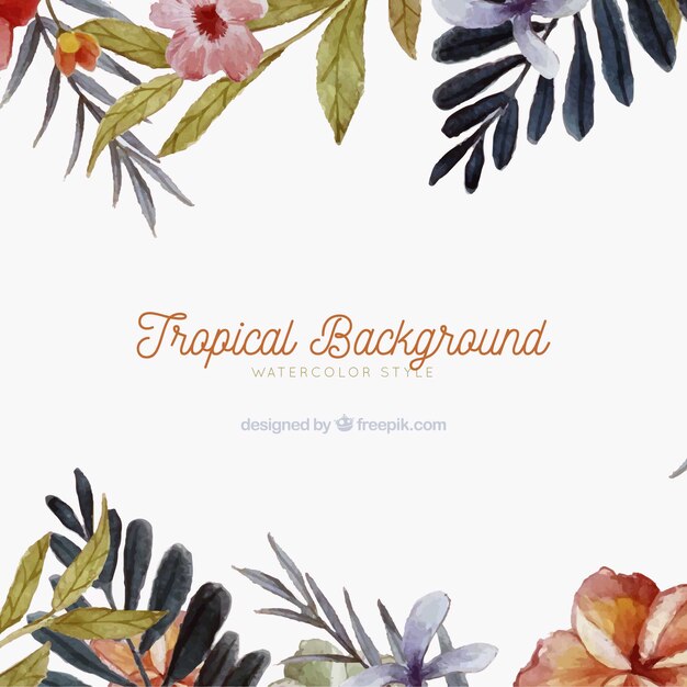 Tropical background with different plants in watercolor style