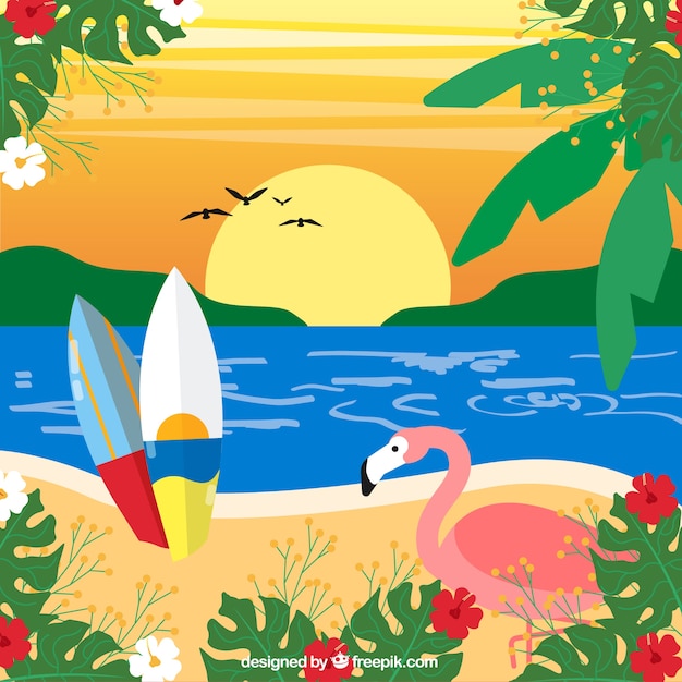 Free vector tropical background with flamingo