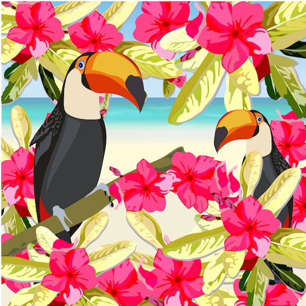 Free vector tropical background with two toucans