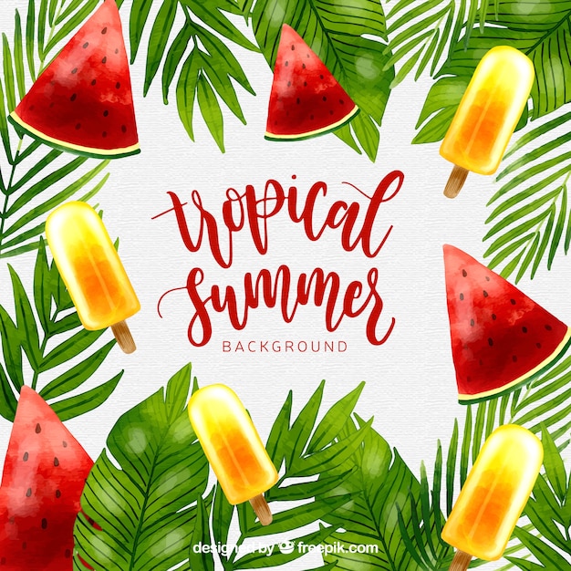 Tropical background with watercolor fruits and ice creams