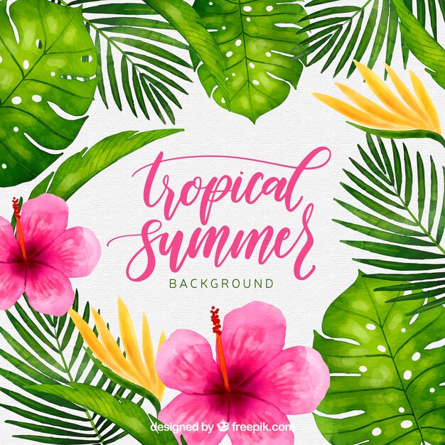 Tropical background with watercolor plants and flowers