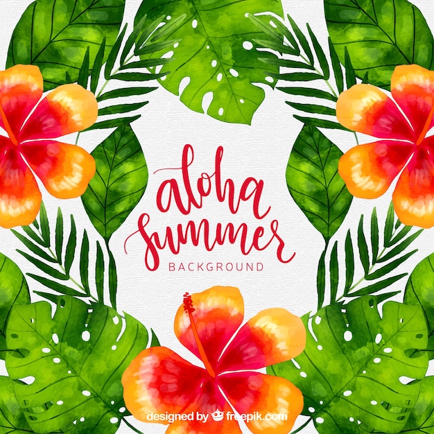 Free vector tropical background with watercolor plants and flowers