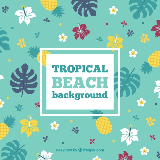 Тропический пляж фон с цветами и ананасами