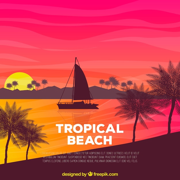 Free vector tropical beach background with sunset