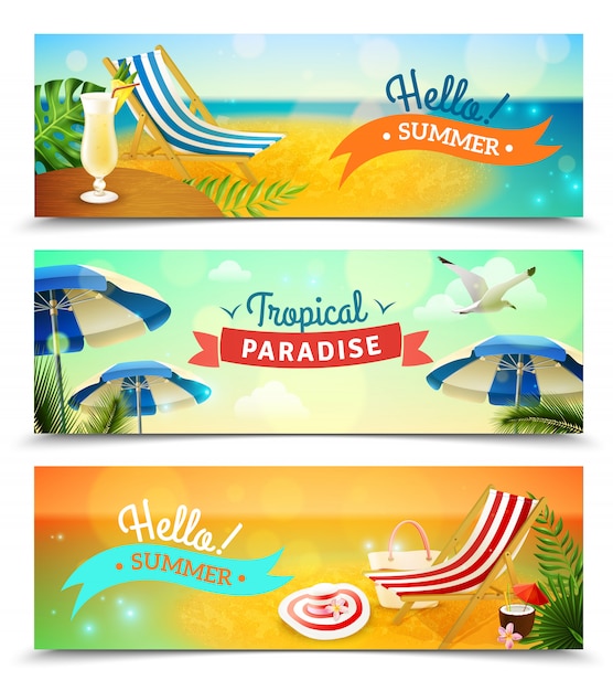 Vettore gratuito set di banner spiaggia tropicale