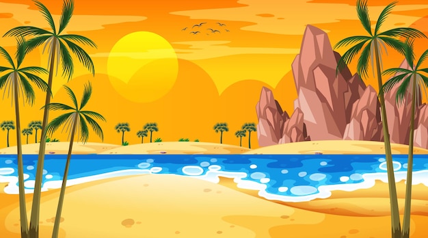 Сцена пейзажа тропического пляжа во время заката