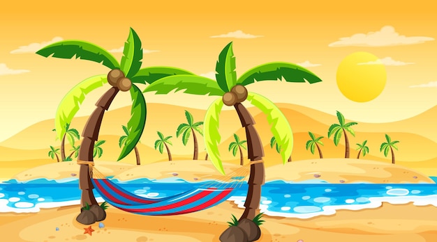 Free vector tropical beach landscape scene at sunset time