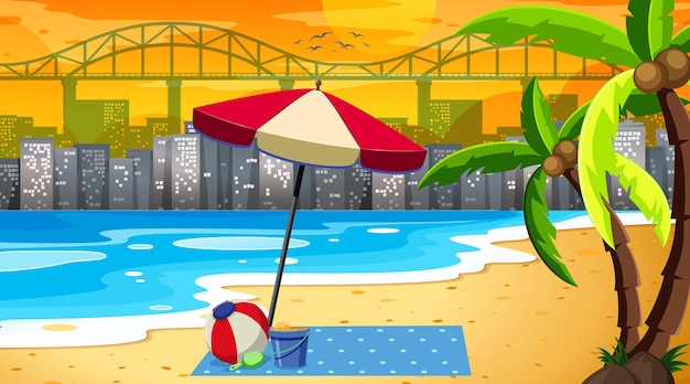 Free vector tropical beach landscape scene with cityscape background