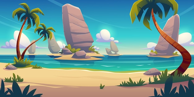 Тропический пляжный пейзаж с пальмами, золотым песком и скалами в голубой воде под небом с пушистыми облаками красивый райский приморский остров в океанской игровой локации мультфильм 2d векторная иллюстрация