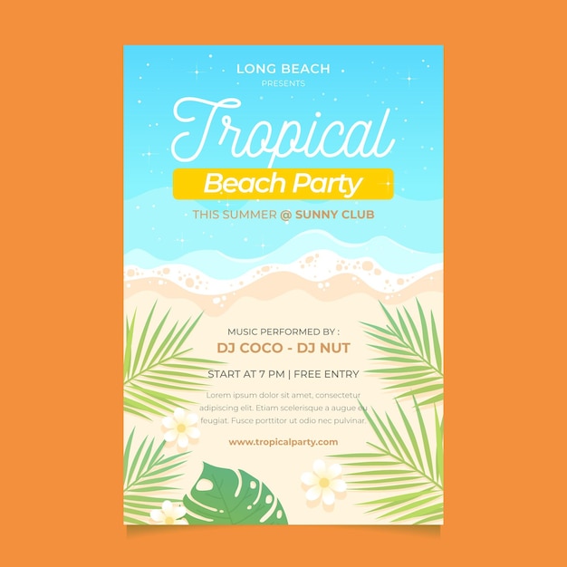 무료 벡터 열 대 해변 파티 포스터 템플릿