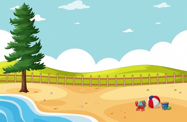 Tropical beach and sand beach and meadow cartoon style