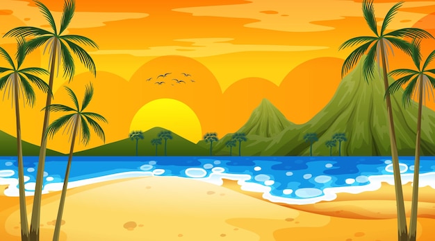 Free vector tropical beach scene with mountain at sunset time