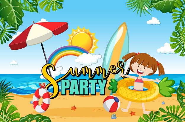 Tropical beach scene with Summer Party text banner