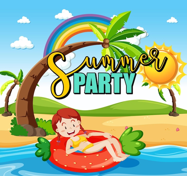 Free vector tropical beach scene with summer party text banner