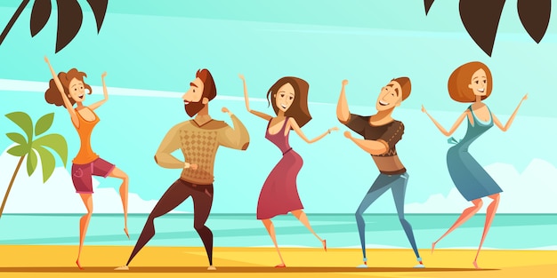 Free vector tropical beach vacation party poster with men and women dancing poses with ocean background