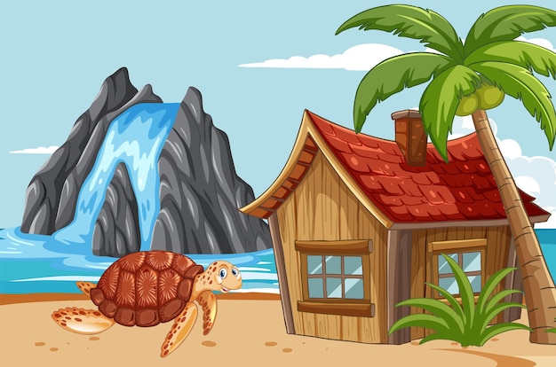 Free vector tropical beachside with turtle and cabin