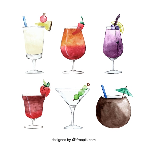 Vettore gratuito collezione cocktail tropicale con stile acquerello