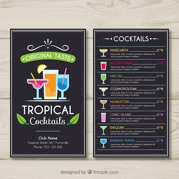 Vettore gratuito modello di menu cocktail tropicale