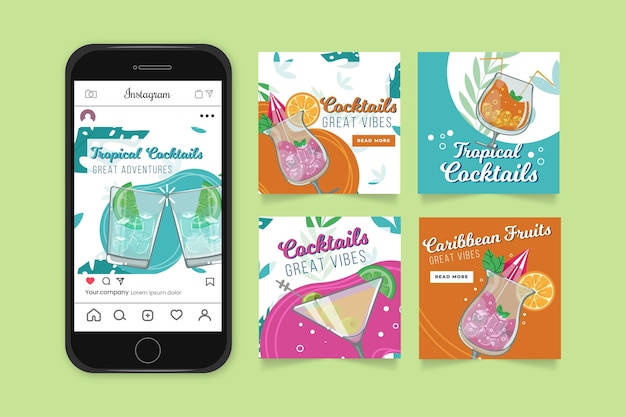 Vettore gratuito collezione di post instagram cocktail tropicali