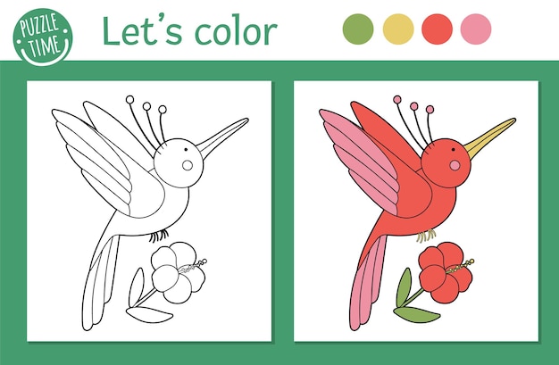 子供のための熱帯の着色のページ 花のイラストとハチドリ かわいい面白い動物のキャラクターのアウトライン 色付きのバージョンと例を持つ子供のためのジャングル夏のカラーブック プレミアムベクター