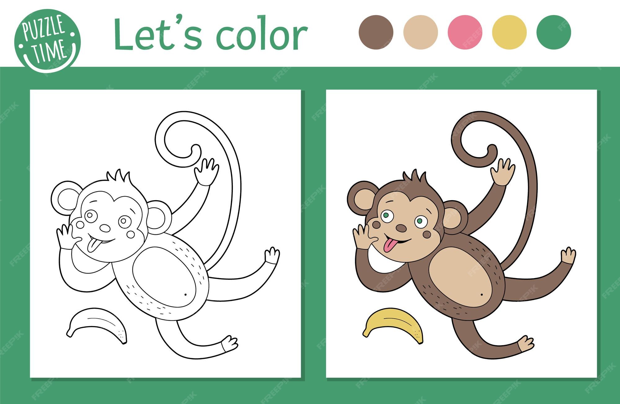 子供のための熱帯の着色のページ 猿のイラスト かわいい面白い動物のキャラクターのアウトライン 色付きのバージョンと例を持つ子供のためのジャングル夏のカラーブック プレミアムベクター