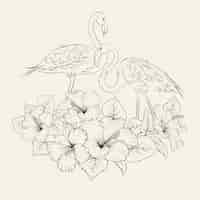 Free vector tropical exotic flowers with elegant flamingos birds over gray