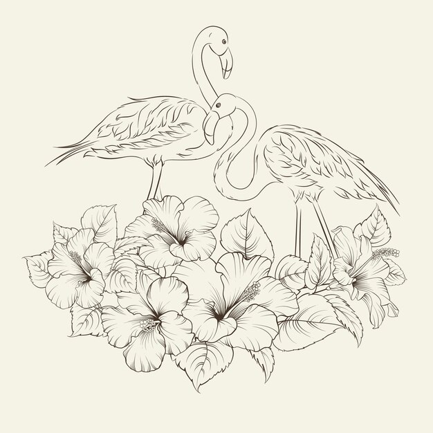 Tropical exotic flowers with elegant flamingos birds over gray
