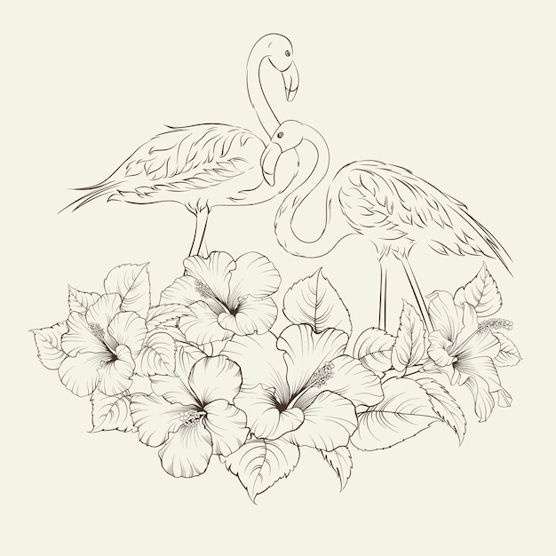 Бесплатное векторное изображение Тропические экзотические цветы с элегантными птицами фламинго над серым