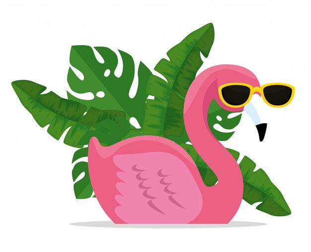 Tropical flemish wearing sunglasses with exotic leaves