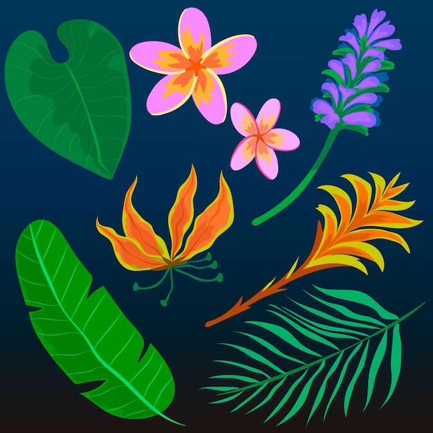 Бесплатное векторное изображение Набор тропических цветов и листьев