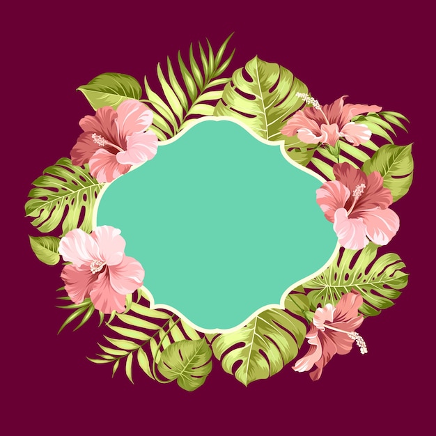 Tropical flower frame with place for text. Palm, hibiscus and monstera on white background.