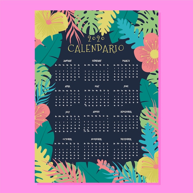 Free vector tropical flowers calendar 2020 template