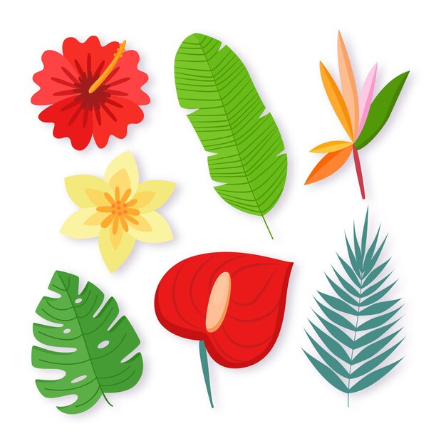 Tropical flowers and leaves pack