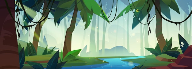 Free vector tropical forest landscape with river vector cartoon illustration of jungle wood with exotic green plants sunlight beams liana vines on tree branches above blue water adventure game background
