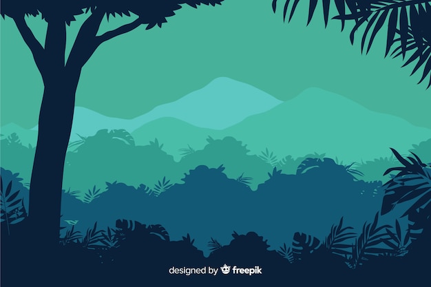 Бесплатное векторное изображение Тропический лесной пейзаж с деревом и видом на горы