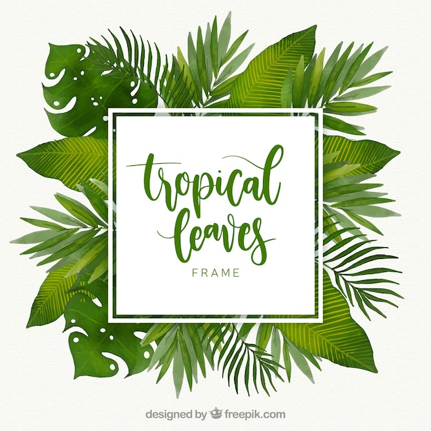 Тропический кадр с разными листьями в акварельном стиле
