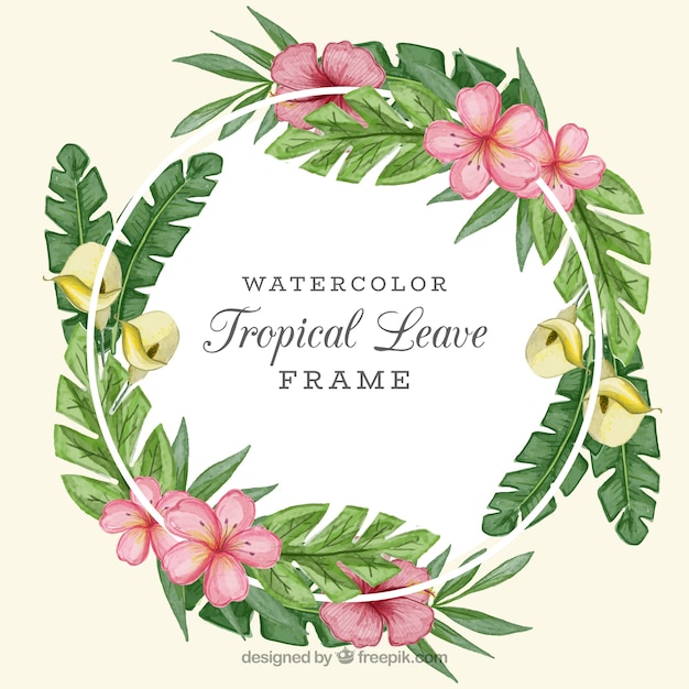 Tropical frame with different leaves in watercolor style