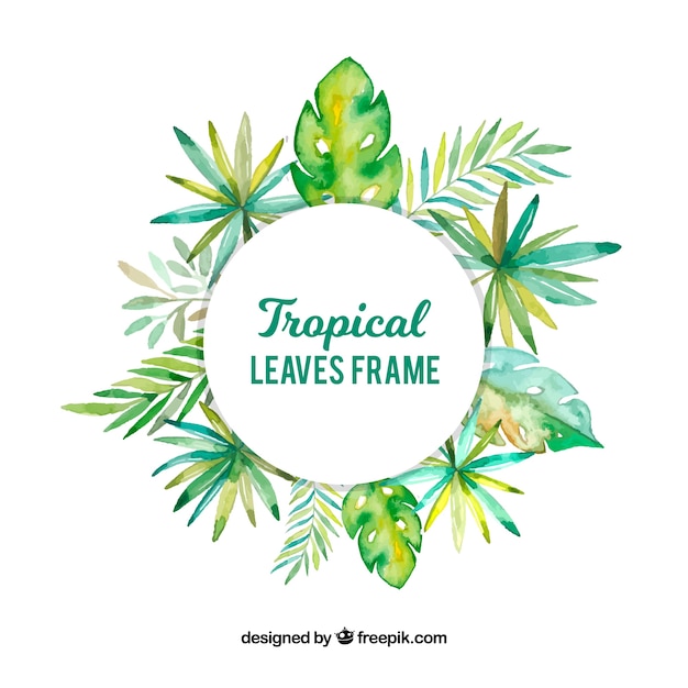 Tropical frame with watercolor leaves